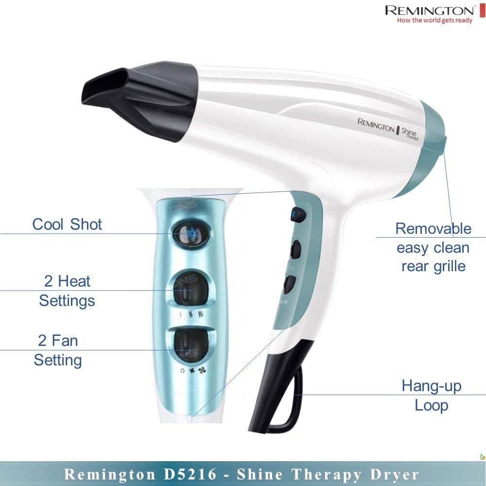 Remington Shine Therapy Hair Dryer with Power Dry and Cool Shot for a Frizz Free Shine, Quick Drying, 2300 W - D5216