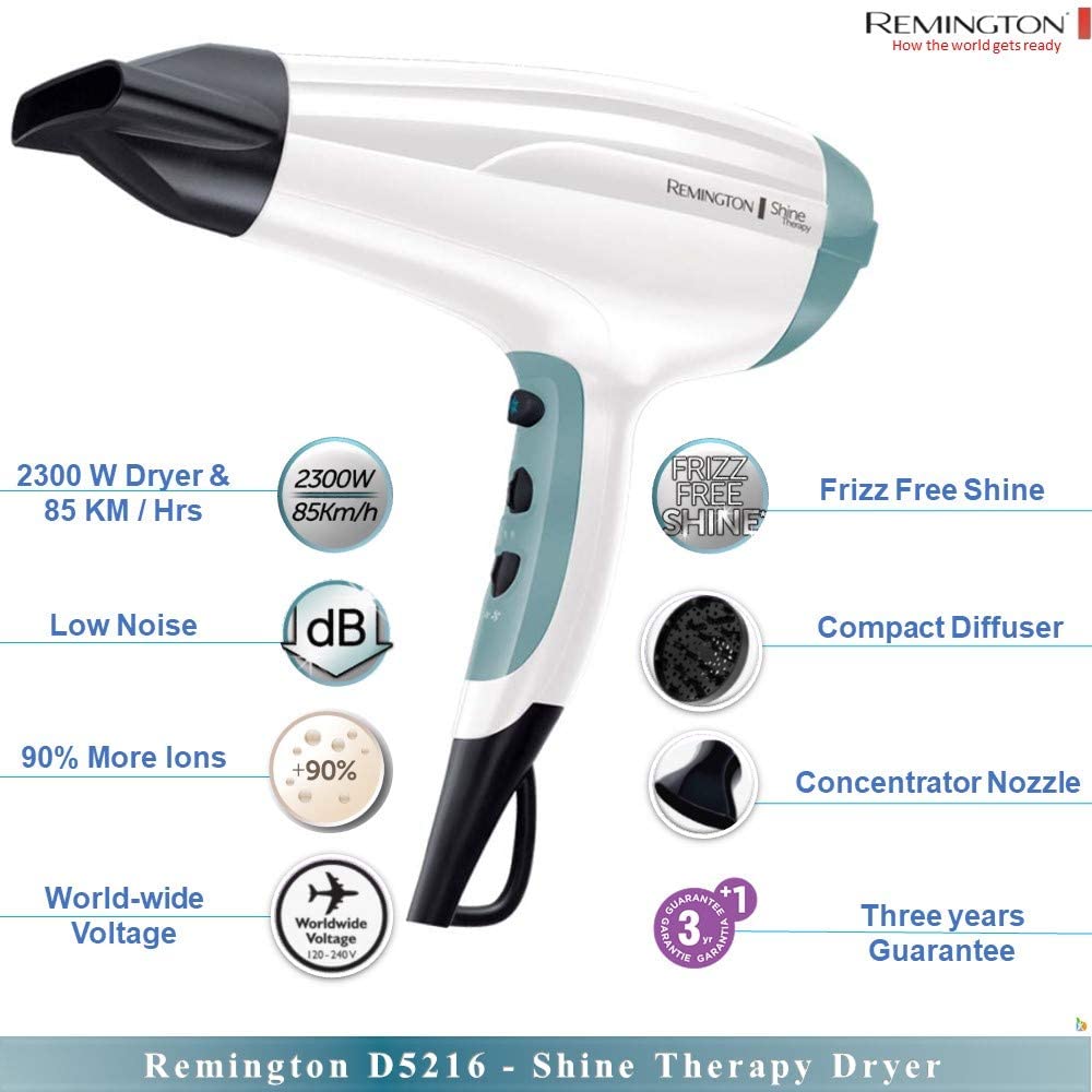 Remington Shine Therapy Hair Dryer with Power Dry and Cool Shot for a Frizz Free Shine, Quick Drying, 2300 W - D5216