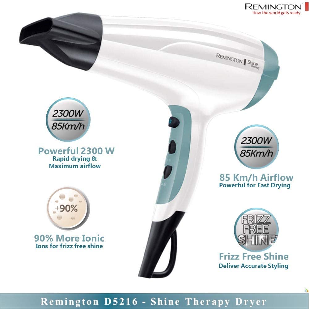 Remington Shine Therapy Hair Dryer with Power Dry and Cool Shot for a Frizz Free Shine, Quick Drying, 2300 W - D5216