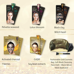 7th Heaven Renew You Pure Indulgence Gift Set - Includes a Variety of Renew You Masks with Gold Cosmetics Bag, Soft Black Cleansing Face Cloth and Black Silicon Mask Applicator - Gift Set - British D'sire