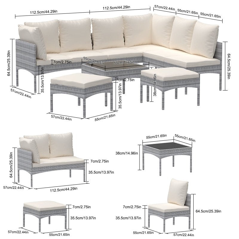 8-Seater Rattan Furniture Set, Outdoor Patio Corner Sofa Set with Cushioned Seats and Tempered Glass Table - British D'sire