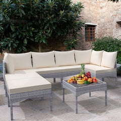 8-Seater Rattan Furniture Set, Outdoor Patio Corner Sofa Set with Cushioned Seats and Tempered Glass Table - British D'sire