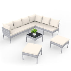 8-Seater Rattan Furniture Set, Outdoor Patio Corner Sofa Set with Cushioned Seats and Tempered Glass Table - British D'sire