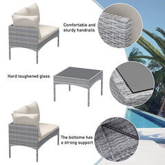 8-Seater Rattan Furniture Set, Outdoor Patio Corner Sofa Set with Cushioned Seats and Tempered Glass Table - British D'sire