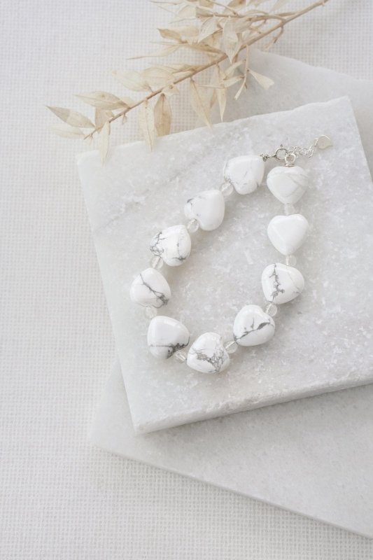 925 Sterling Silver Howlite & Clear Quartz Love Heart Crystal Bracelet - Bracelets - British D'sire