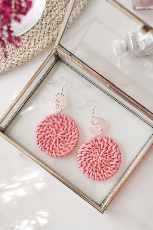 925 Sterling Silver Rose Quartz Pink Rattan Earrings - Earrings - British D'sire