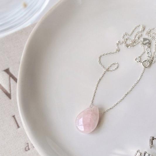 925 Sterling Silver & Rose Quartz Rain Drop Delicate Necklace - Necklaces - British D'sire