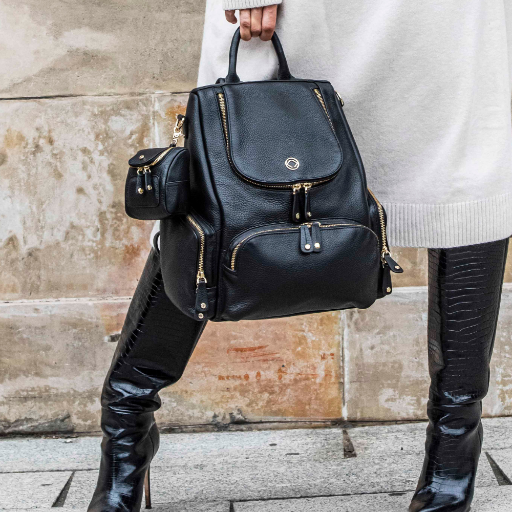 Amber Midi Pebble Black Leather Backpack