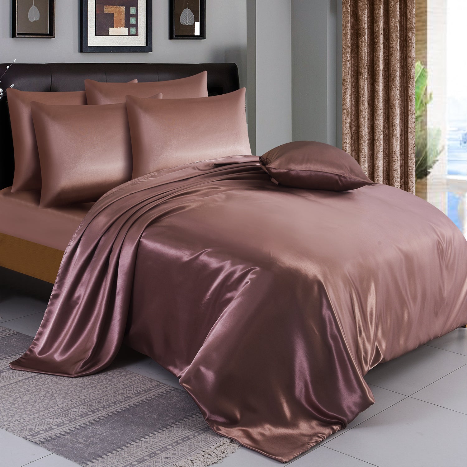 6PCS SATIN COMPLETE BEDDING SET DUVET COVER FITTED SHEET 4 PILLOW CASES