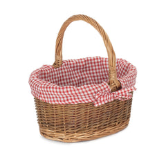 Red Checked Lined Country Oval Wicker Shopping Basket