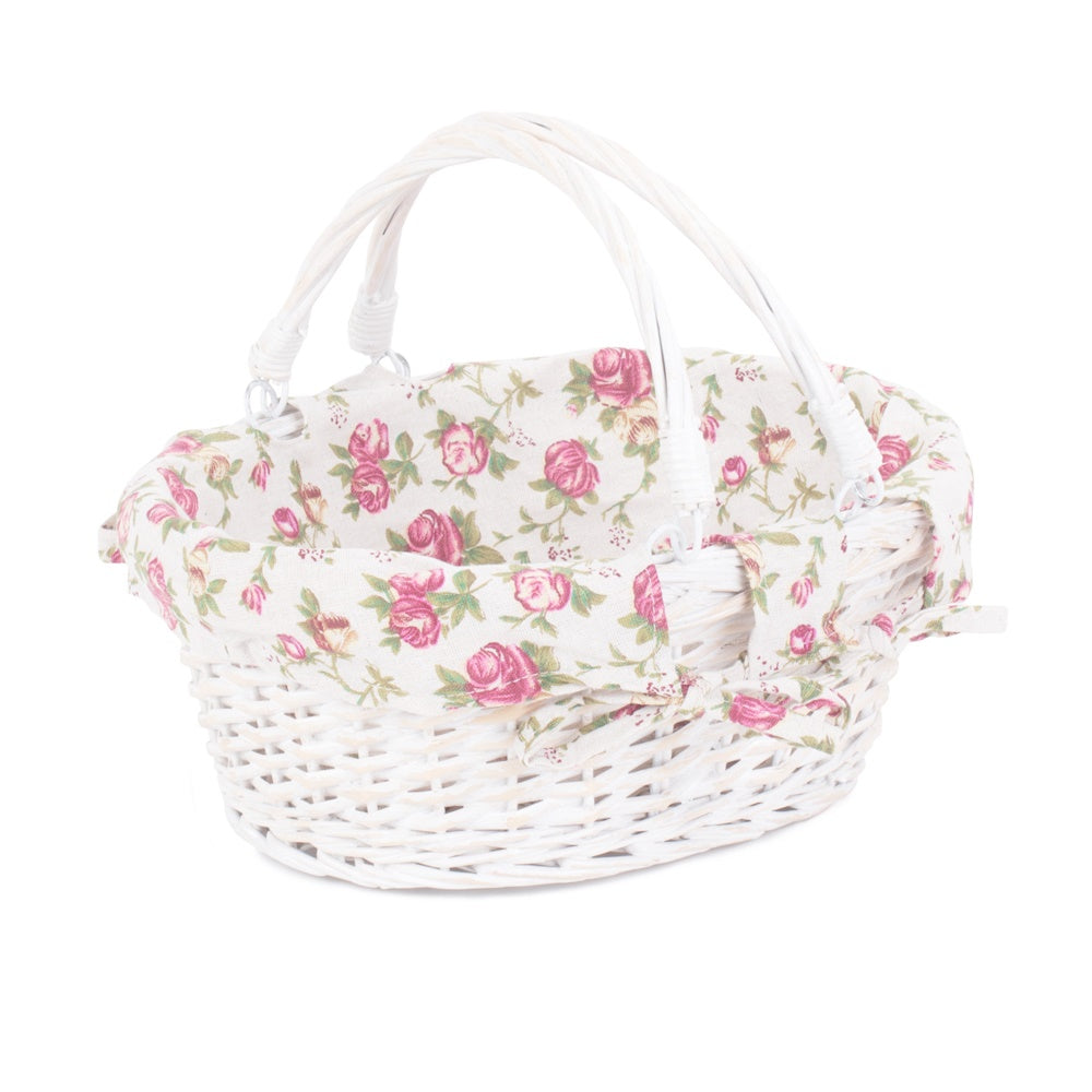 White Swing Handle Wicker Shopper with Garden Rose Lining