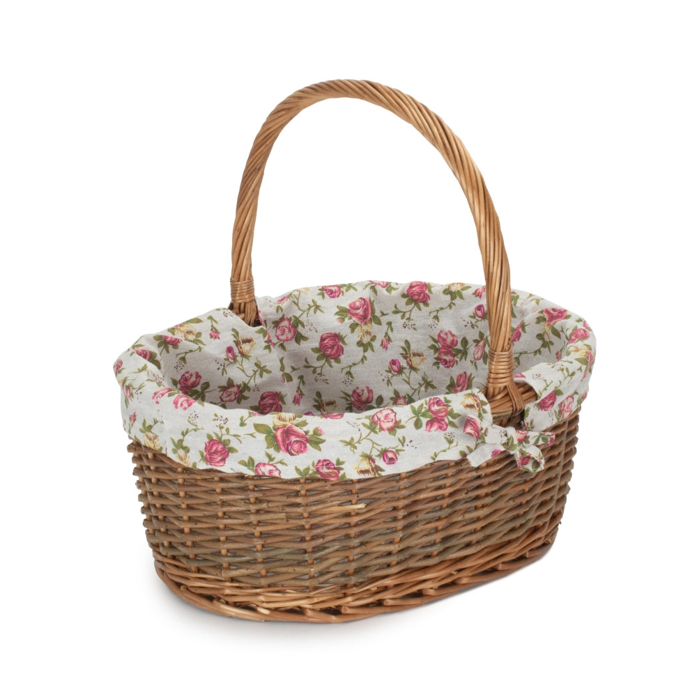 Oval Unpeeled Willow Shopping Basket With Garden Rose Lining