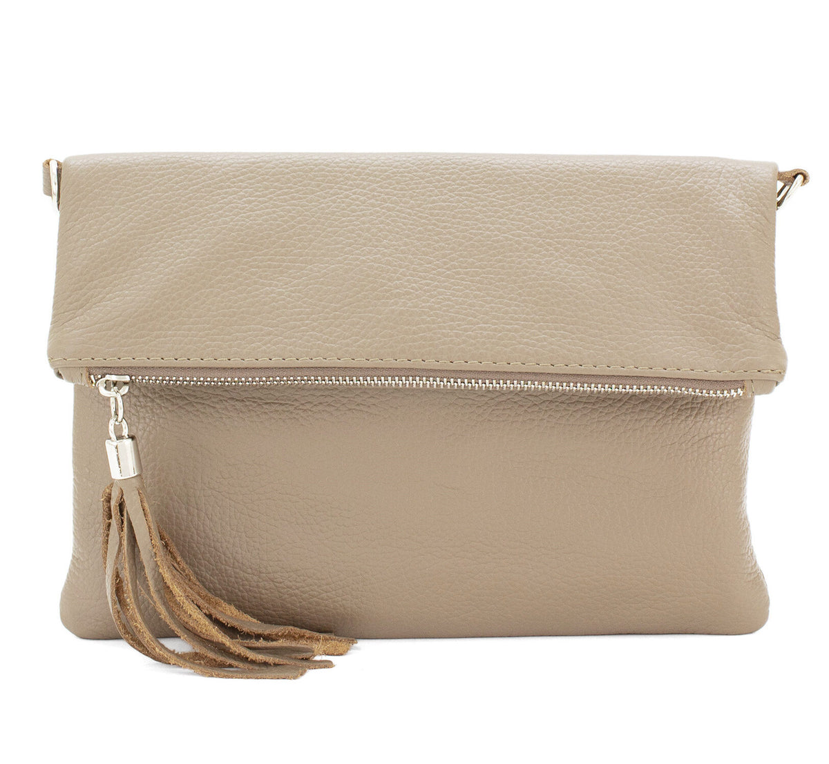 Dark Beige Chiara Italian Foldover Leather Clutch Cross Body