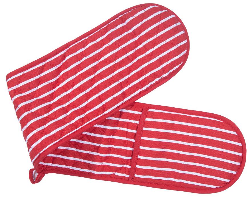 Butcher stripe quilted double oven gloves mitts by Zimel homes | 100% cotton outerlining and 100% polyester inner for insulation