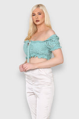 Broderie tie short sleeve crop top