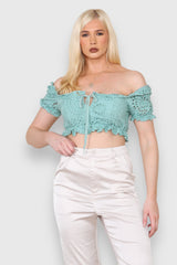 Broderie tie short sleeve crop top