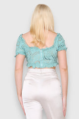 Broderie tie short sleeve crop top