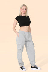 Women's Grey Combat Cargo Trousers - Loose Fit with Elasticated Ankles & Waistband, Pockets, Pull-On Joggers for Work, Casual, Sports, School, and Streetwear Bottoms Casual Pant