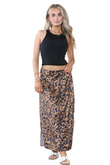 Women’s Brown & Red High Waist Maxi Draped Skirt Summer Long Flared A-Line Slit Wrap Midi Stretch Leopard Animal Print Elegant Summer Streetwear Beach Vacation Outfit