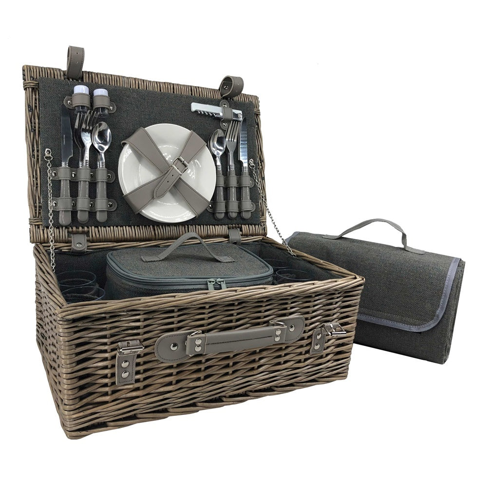 Grey Tweed Wicker Fitted Picnic Basket