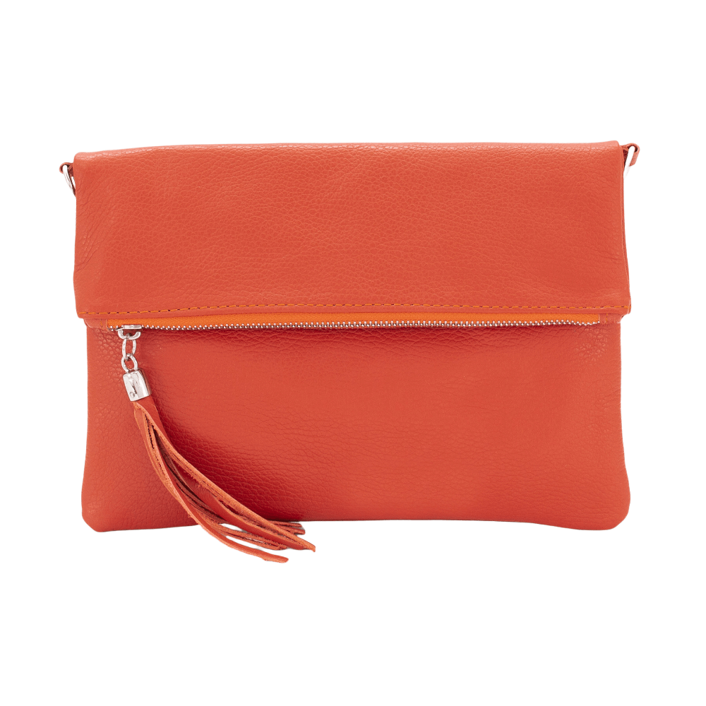 Dark Orange Chiara Italian Designer Foldover Leather Clutch Cross Body