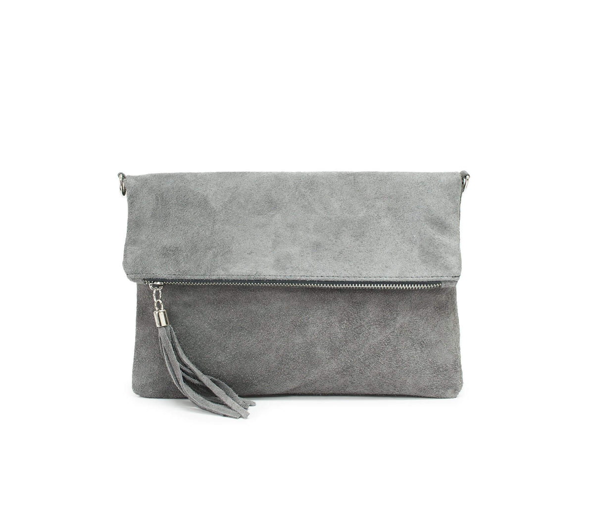 Italian Designer Foldover Soft Suede Leather Clutch -Eleganza Light Grey