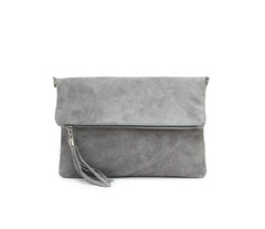 Italian Designer Foldover Soft Suede Leather Clutch -Eleganza Light Grey