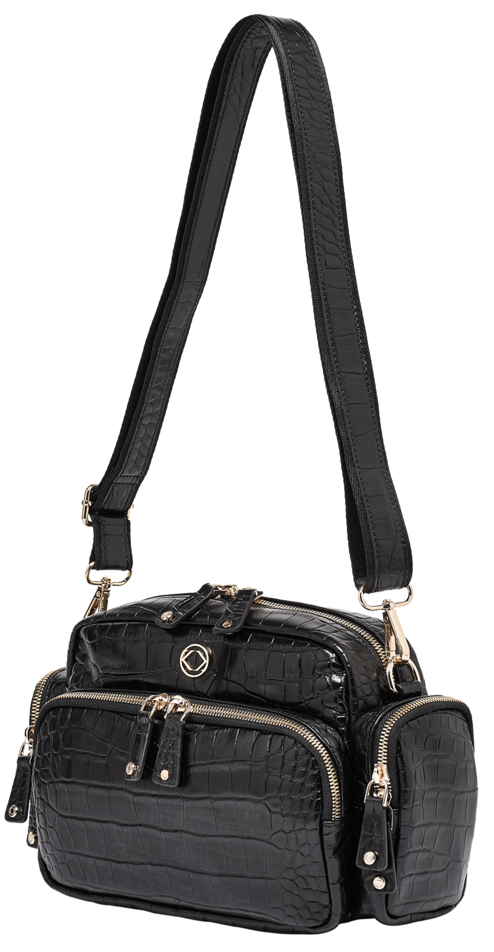 Greta High Sheen Embossed Black Leather Crossbody Bag