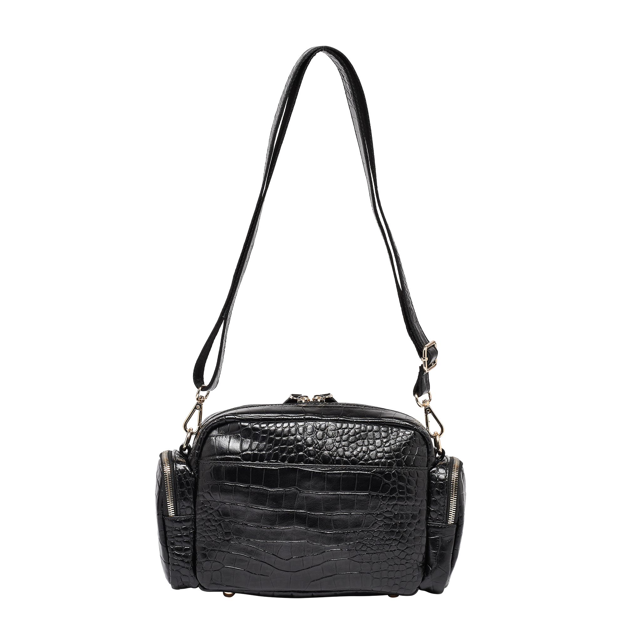 Greta High Sheen Embossed Black Leather Crossbody Bag