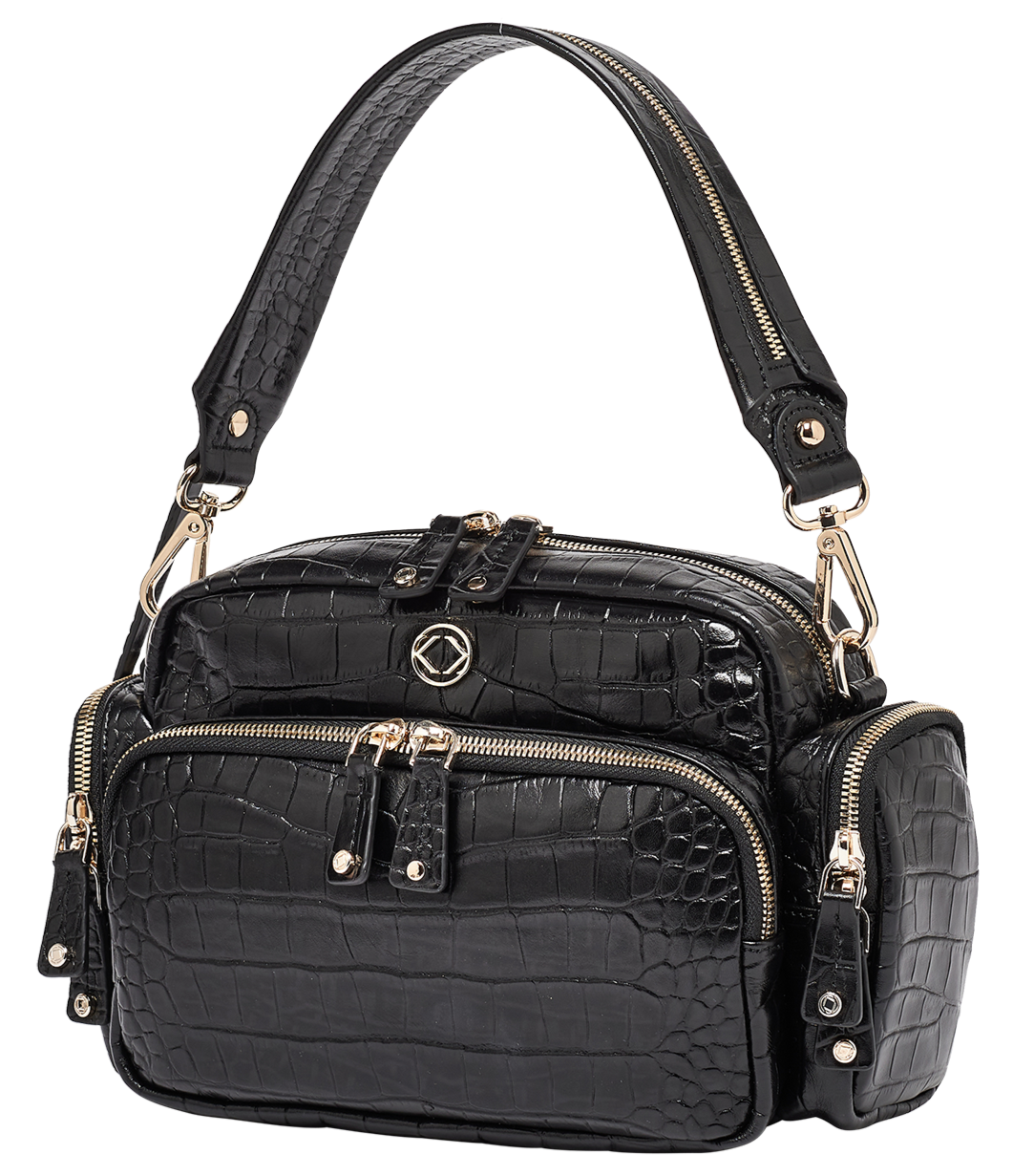 Greta High Sheen Embossed Black Leather Crossbody Bag