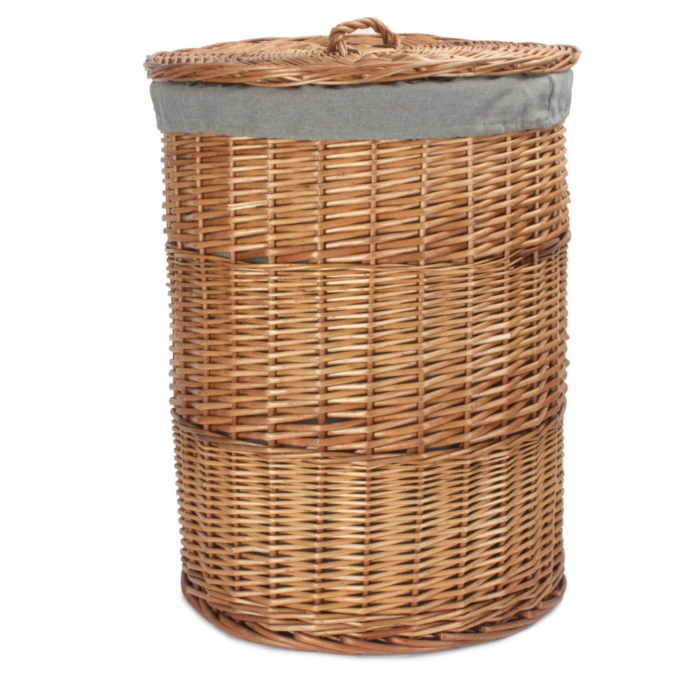 Light Steamed Round Linen Basket with Grey Sage Lining