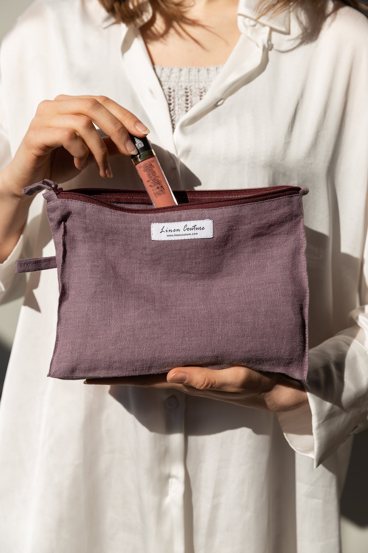 Pastel Plum linen large makeup bag with zipper