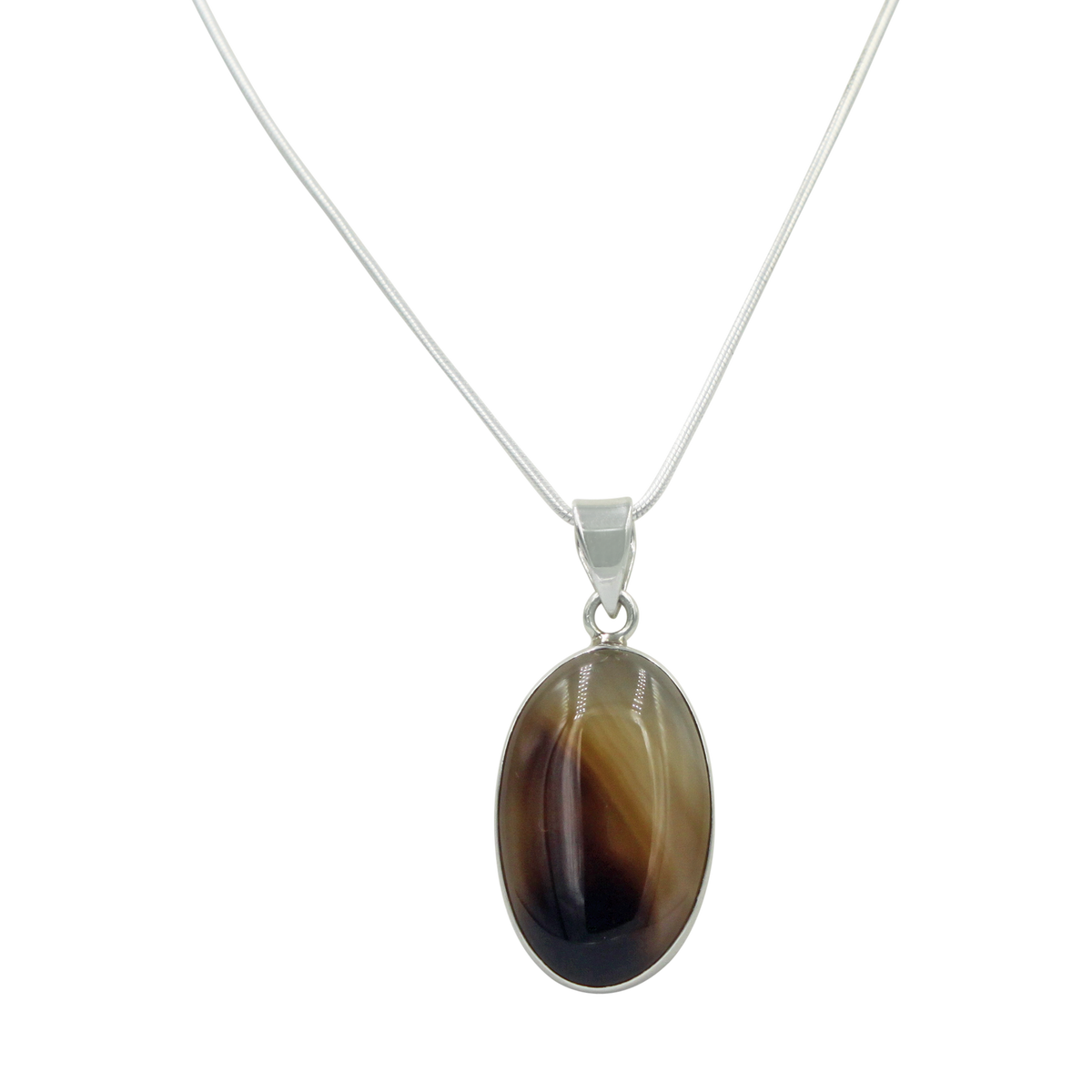 Very Beautiful Long Oval-Shaped Banded Agate Pendant Handcrafted on .925 Sterling Silver