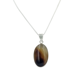 Very Beautiful Long Oval-Shaped Banded Agate Pendant Handcrafted on .925 Sterling Silver