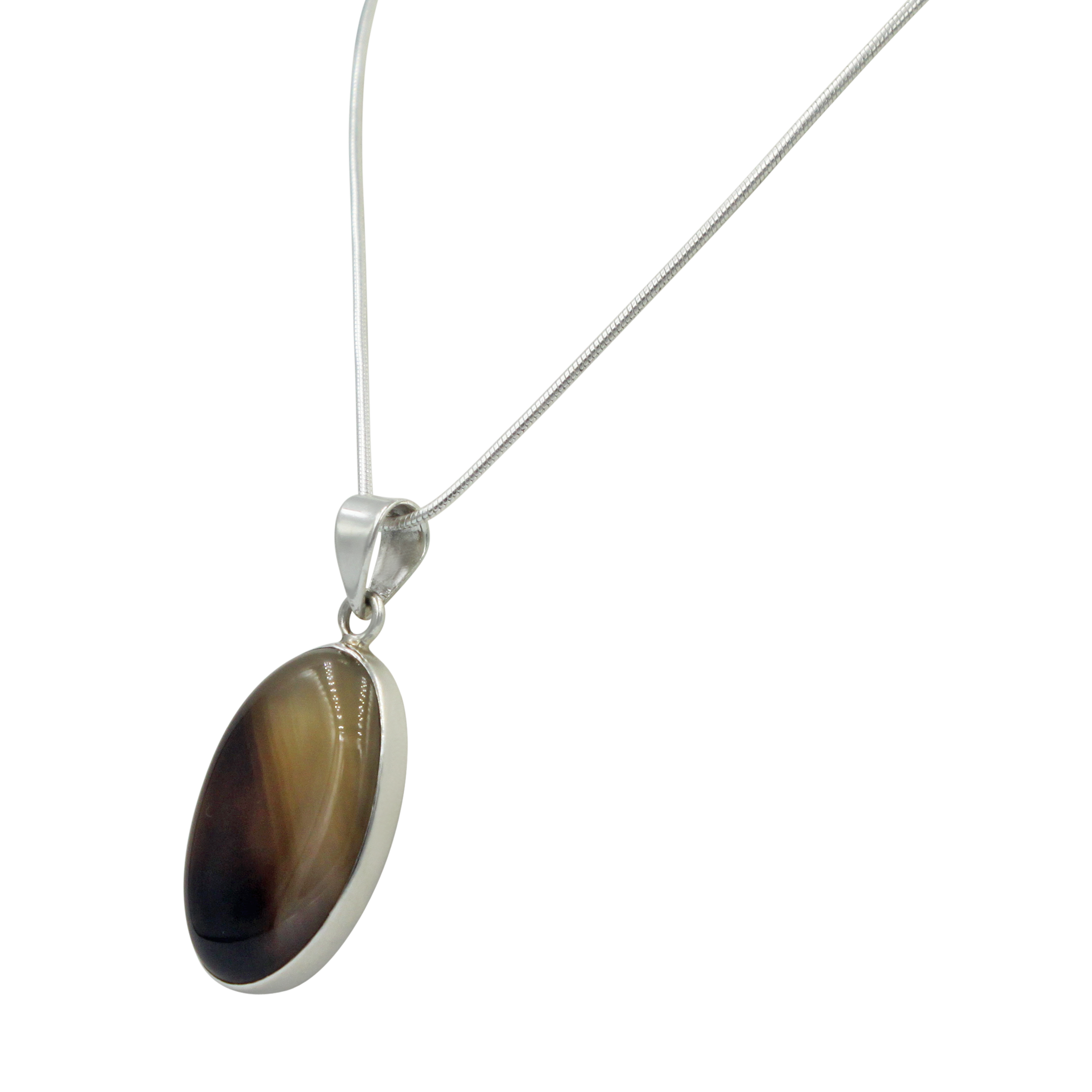 Very Beautiful Long Oval-Shaped Banded Agate Pendant Handcrafted on .925 Sterling Silver