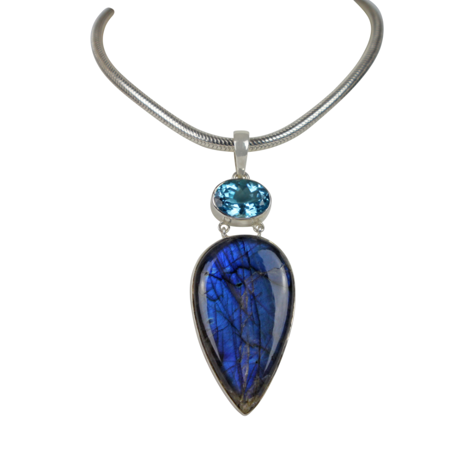 Stunning Large Labradorite and a Beautiful Blue Topaz Statement Pendant