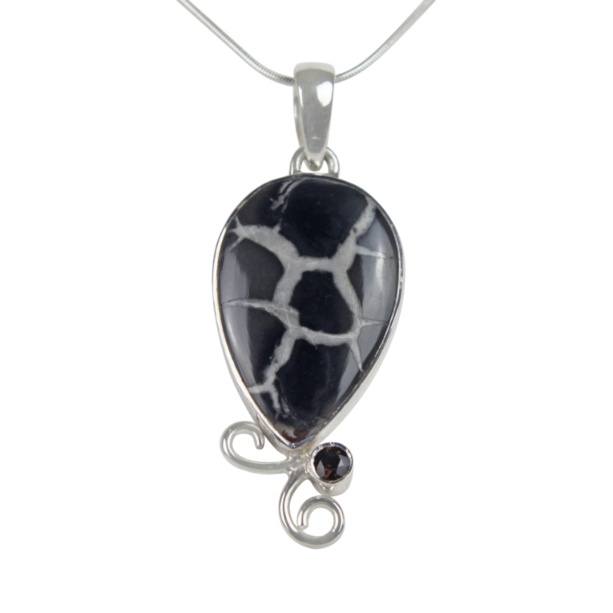 Teardrop shaped Septarian Gronate Pendant Accents with a Smoky Quartz on Silver Work