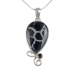 Teardrop shaped Septarian Gronate Pendant Accents with a Smoky Quartz on Silver Work