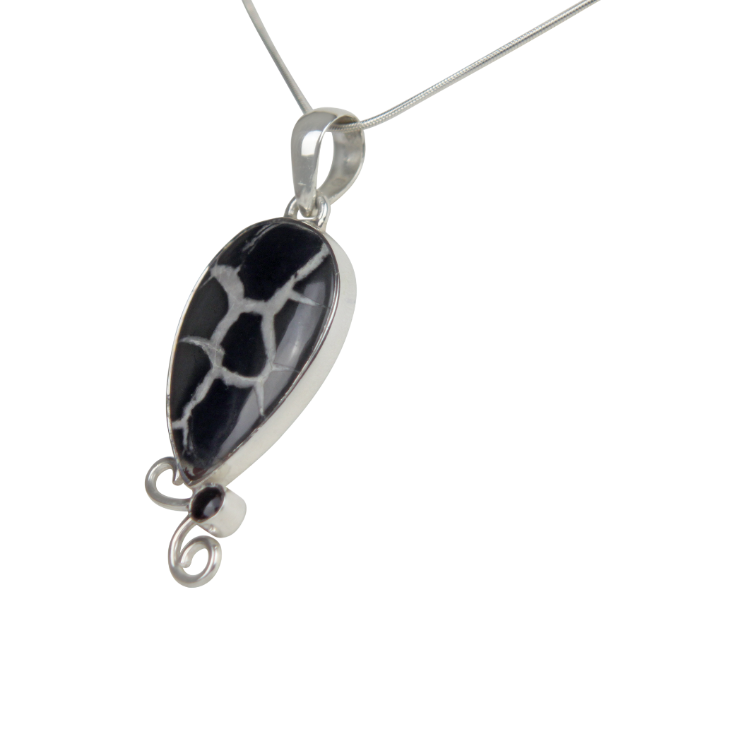 Teardrop shaped Septarian Gronate Pendant Accents with a Smoky Quartz on Silver Work