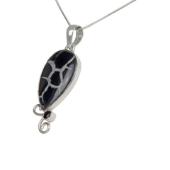 Teardrop shaped Septarian Gronate Pendant Accents with a Smoky Quartz on Silver Work