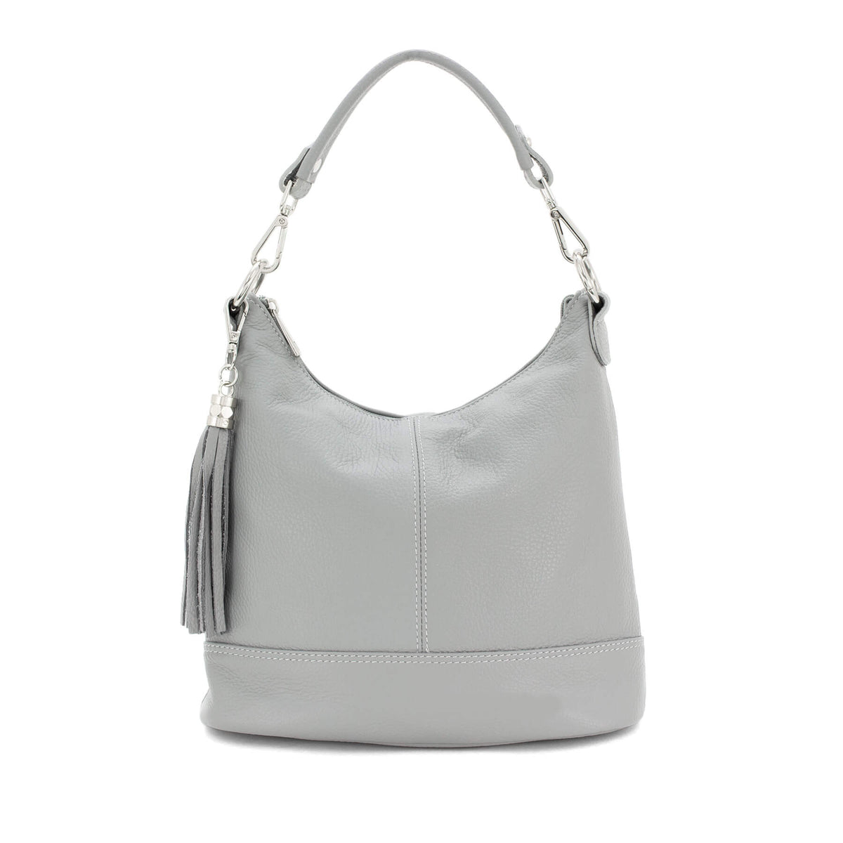 Italian Designer Leather Bucket Bag with Tassel - Swolit Tullio- Light Grey