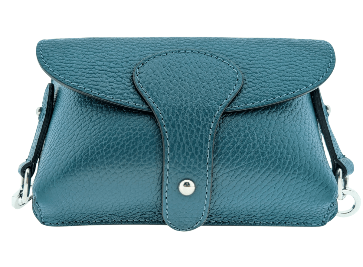 Italian Designer Leather Small Crossbody Wide Strap Bag Carina- Teal