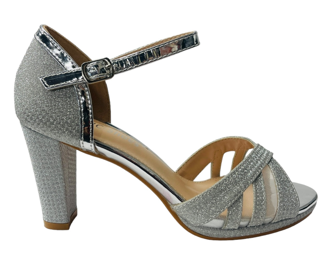 Glitter Ankle Strap Block Heel Shoes