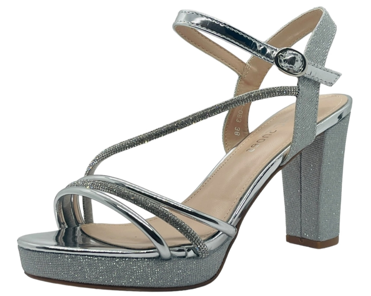 Ankle Strap Diamante Block Heel Shoes