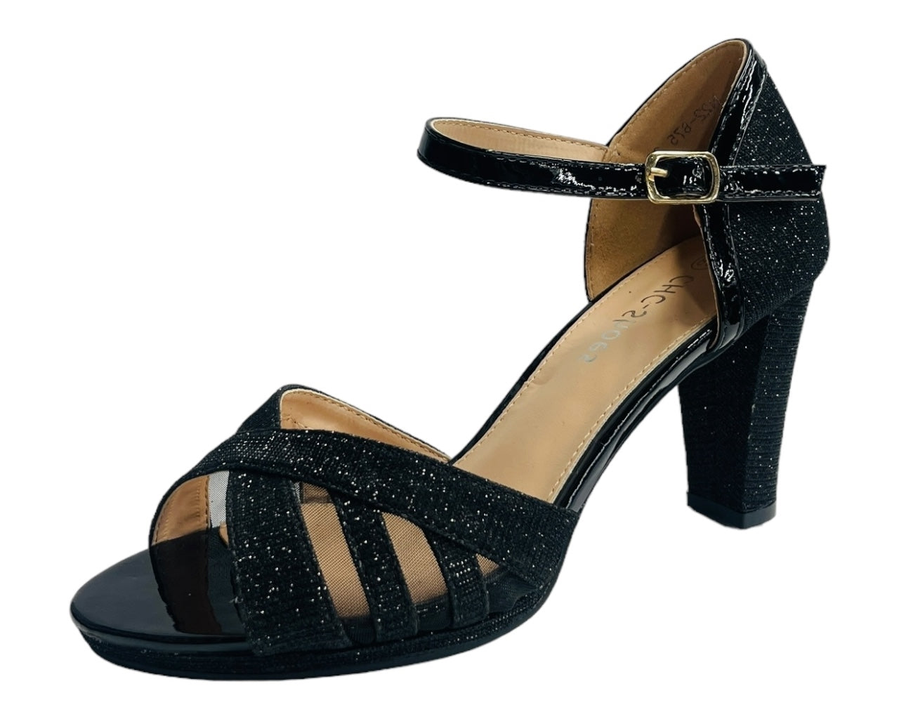 Glitter Ankle Strap Block Heel Shoes