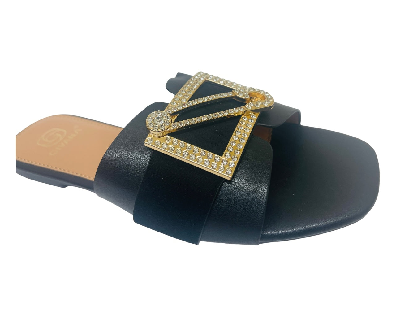 Faux Leather Diamante Flat Smart Slider Sandals