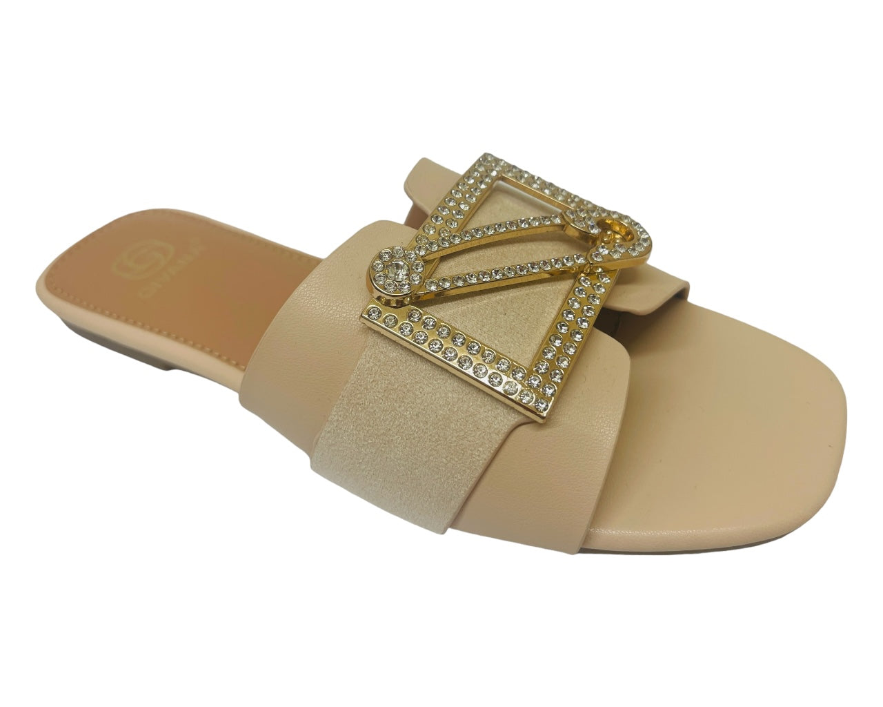 Faux Leather Diamante Flat Smart Slider Sandals