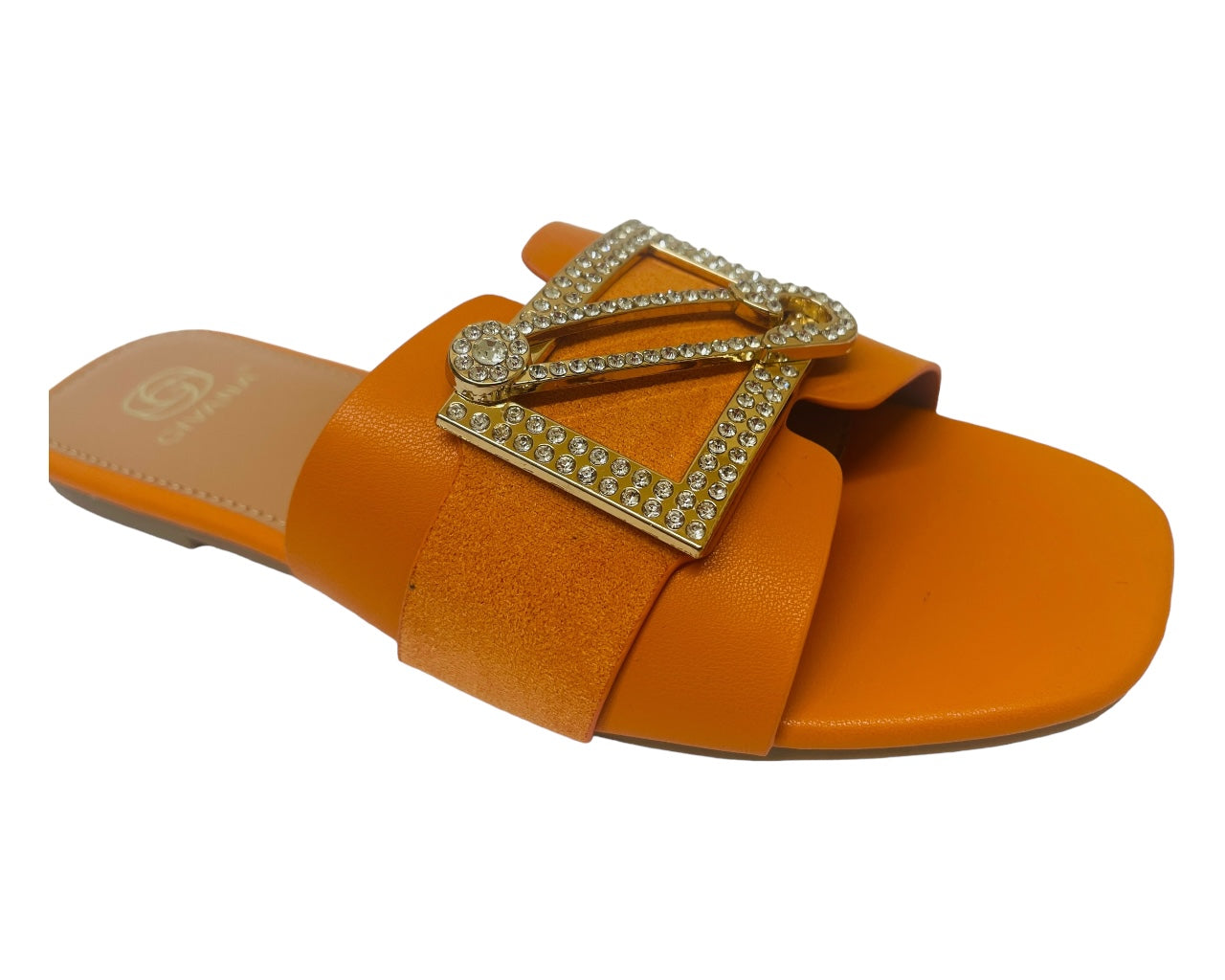 Faux Leather Diamante Flat Smart Slider Sandals