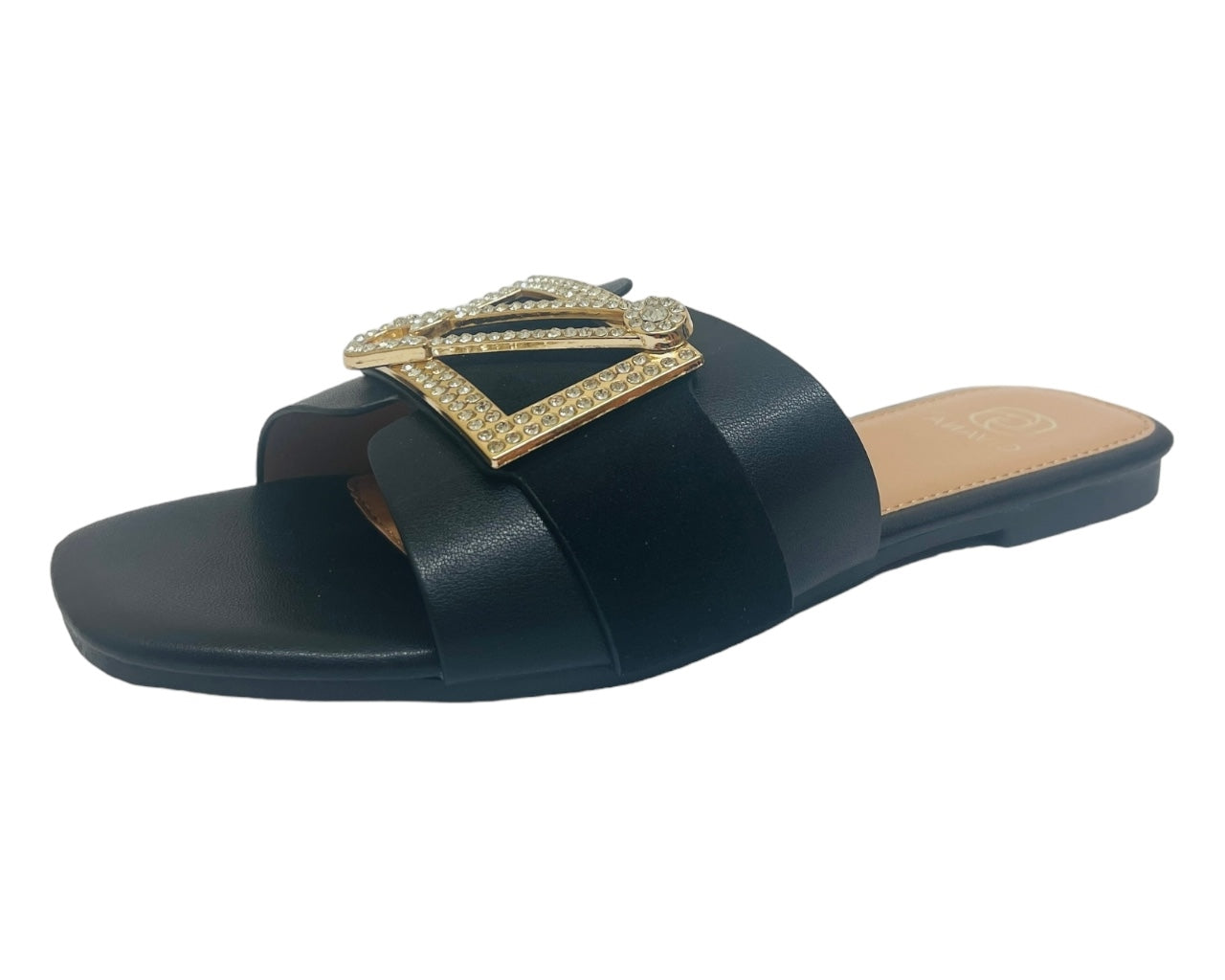 Faux Leather Diamante Flat Smart Slider Sandals