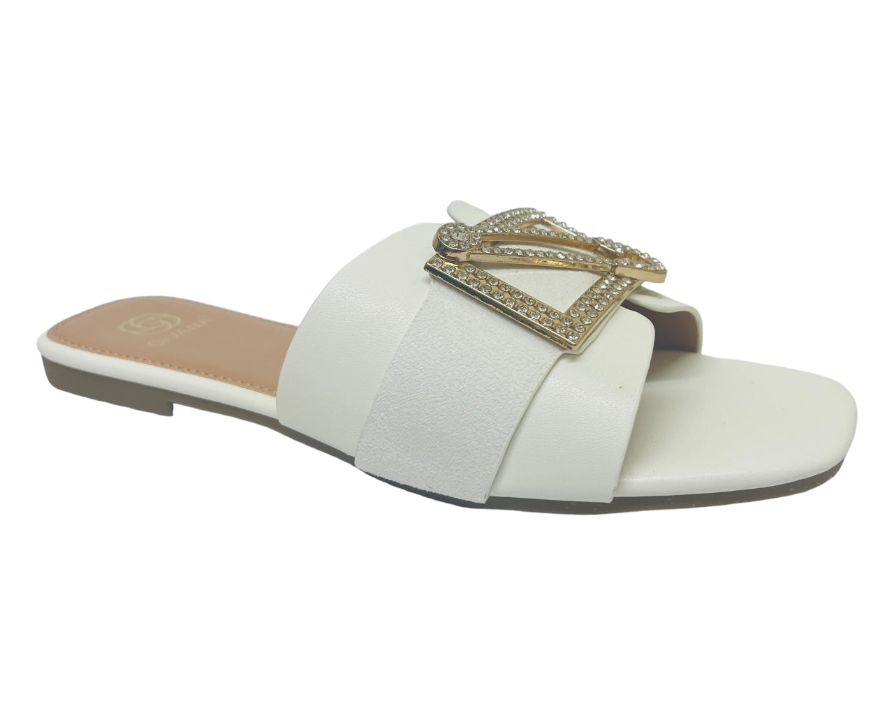 Faux Leather Diamante Flat Smart Slider Sandals